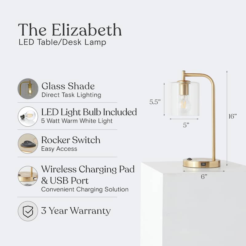 Brightech Elizabeth 16 in. Antique Brass Modern LED Desk Table Lamp with Built-In USB Port and Wireless Charging Pad (2-Pack)