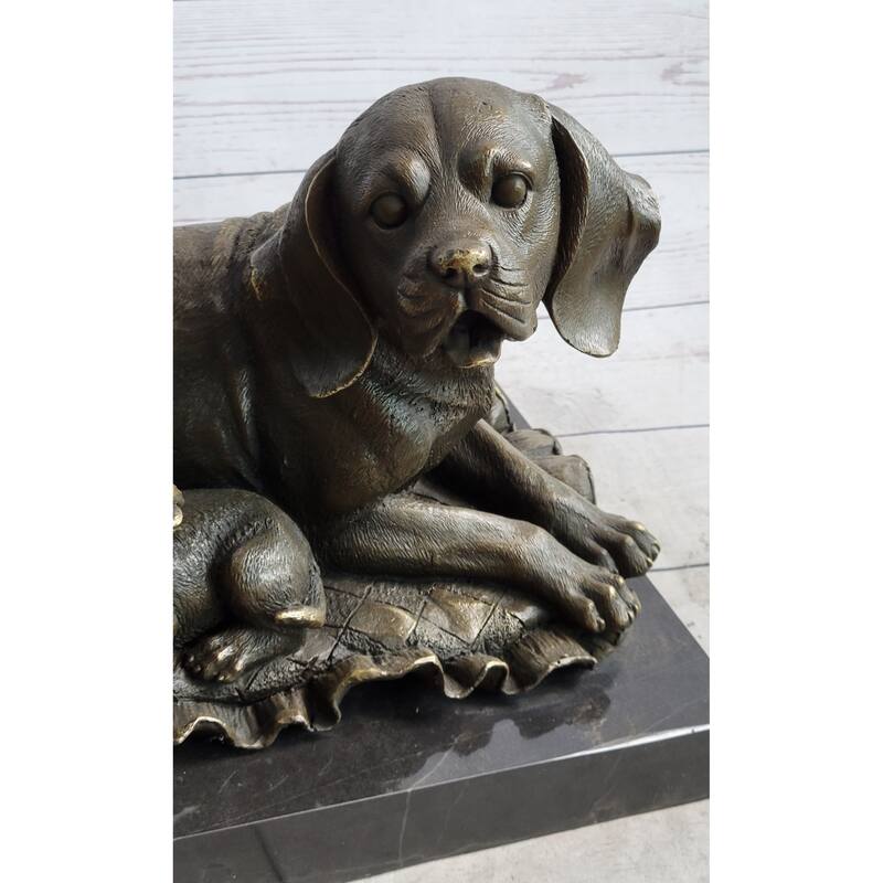 Mother Imitative Dog And 2 Puppies Bronze Sculpture Statue Pet Decor Signed Art Marble Base
