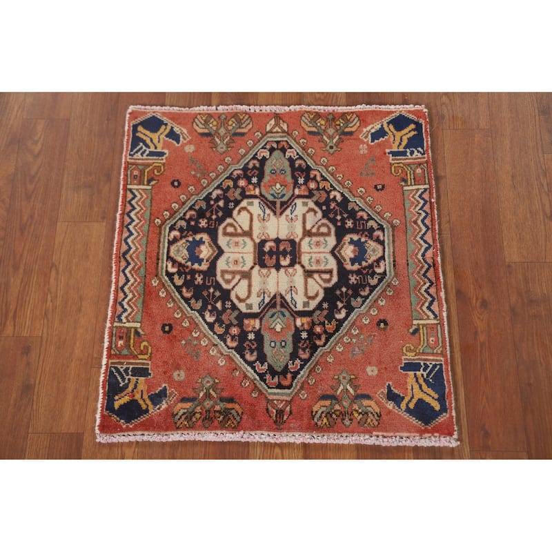 Geometric Abadeh Persian Vintage Square Rug Hand-Knotted Wool Carpet - 1'10" x 1'11"
