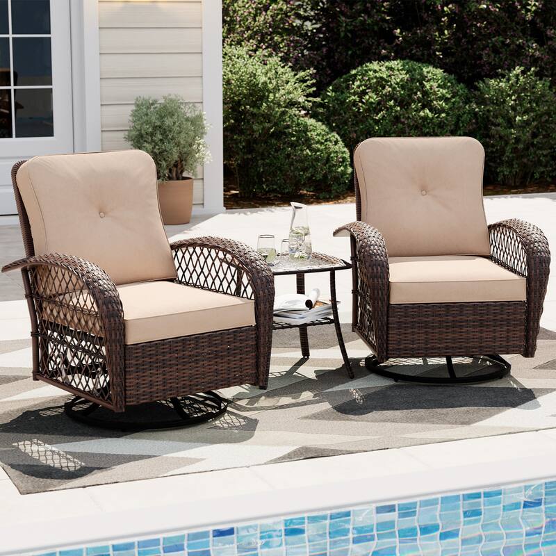 UPHA 3-Piece Patio Outdoor Wicker Swivel Rocking Chair Set with Side Table and Cushions - Beige