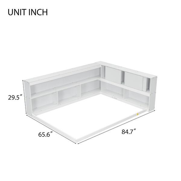 White Full Size Wood Floor Bed with L-shaped Bookcases, sliding doors, without slats