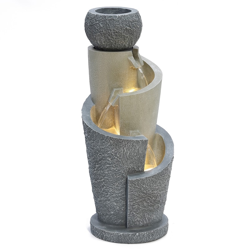 Gray Resin Cascading Spiral Outdoor Fountain with LED Lights
