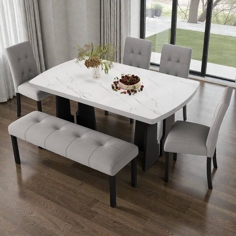 6-Piece Modern Dining Set with 63" Faux Marble Table, Geometric Legs, 4 Upholstered Chairs & Bench for Kitchen Dining Room - Grey