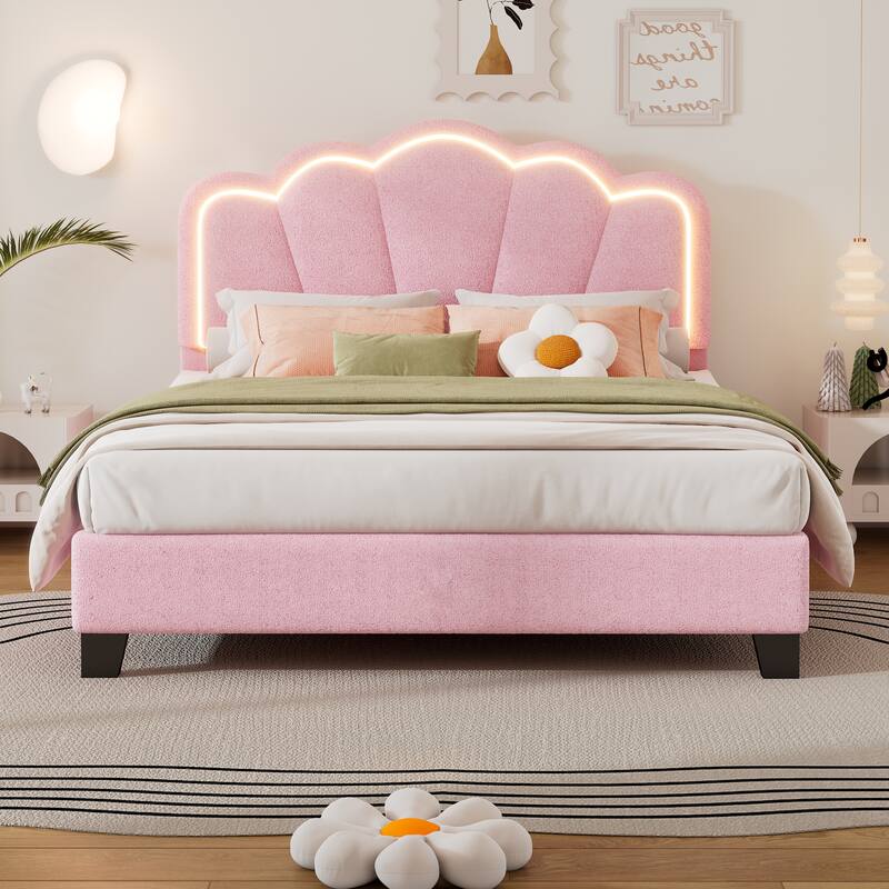 Sherpa Upholstered Flower-Shape Bed, Twin/Full Size, Adjustable LED Light Headboard, Modern Platform Bed with Wooden Slats