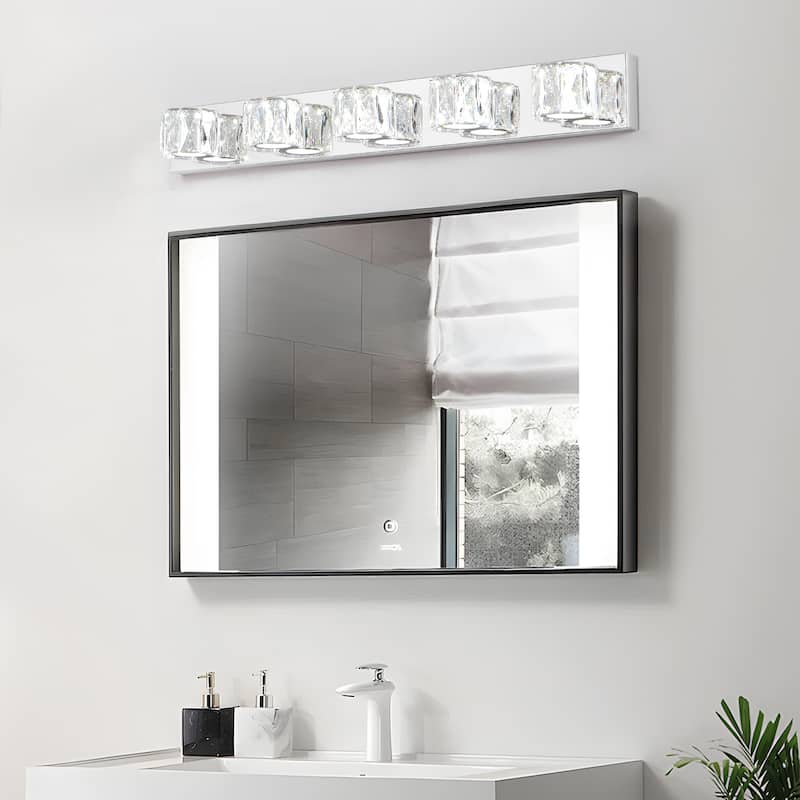 35" Modern Crystal 5-Light LED Wall Sconce - Elegant Chrome Bathroom Vanity Light with Clear Crystal Shades