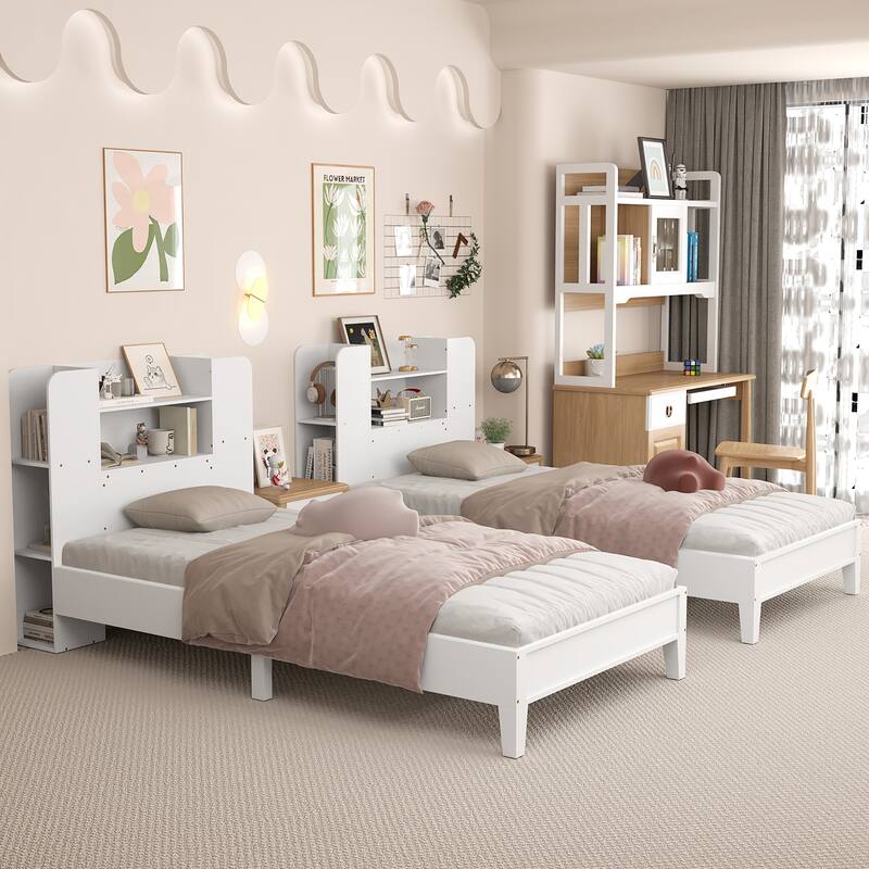 Gymax Twin Size Bed Frame Wooden Platform Bed Kids Bed Frame w/