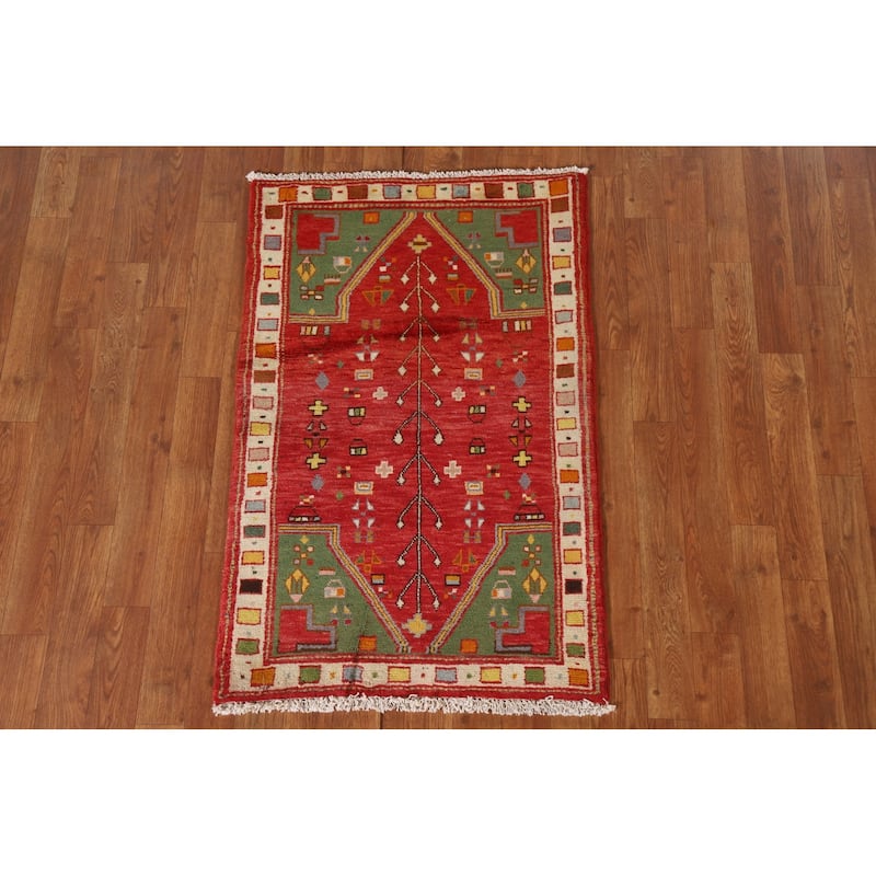 Geometric Red Abadeh Persian Vintage Area Rug Handmade Wool Carpet - 2'3"x 3'6"