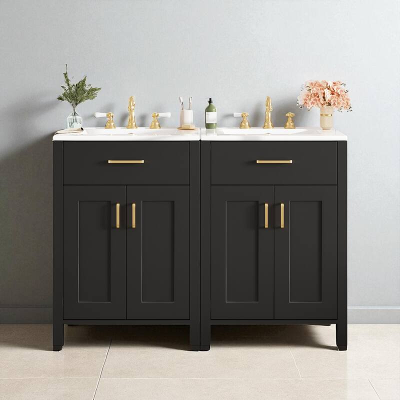 48" Modern Bathroom Vanity with Double Ceramic Sink, Flip Drawer, Soft-Close Doors & Gold Handles, Freestanding聽聽 - Black