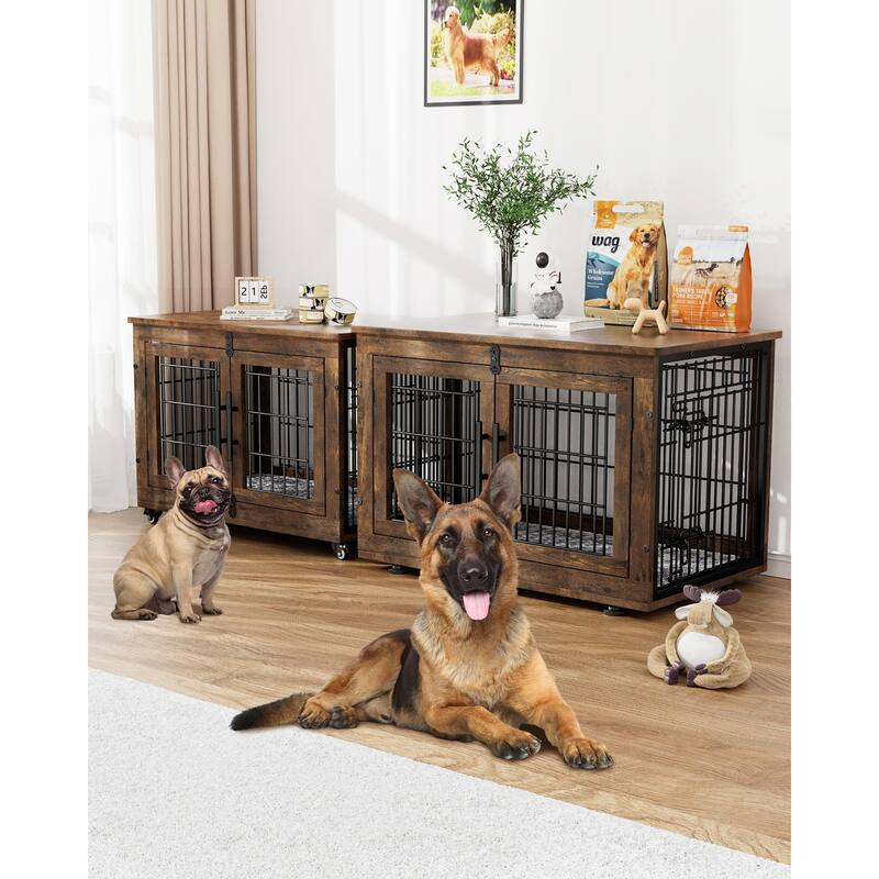 Dog Crate Furniture with Cushion Double Doors Wooden Dog Kennel