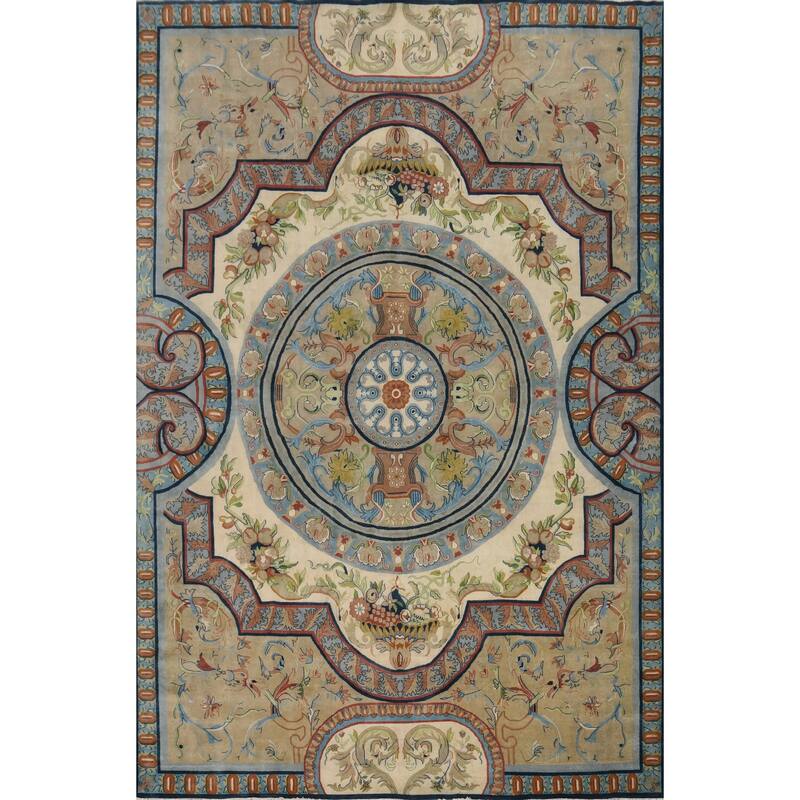 Hand-knotted Traditional Wool Beige Geometric Oriental Area Rug - 13' 8'' X 9' 10''
