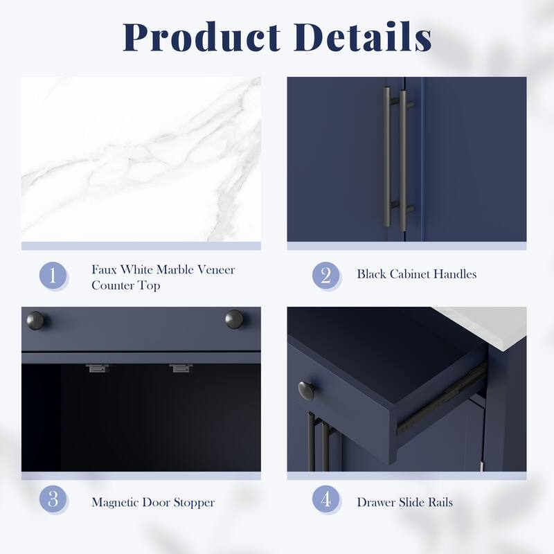 Kitchen Pantry with Drawer, Adjustable Shelves & Faux Marble Top, Buffet Food Cabinet, Coffee Bar Cabinet with 2 Door Shelves