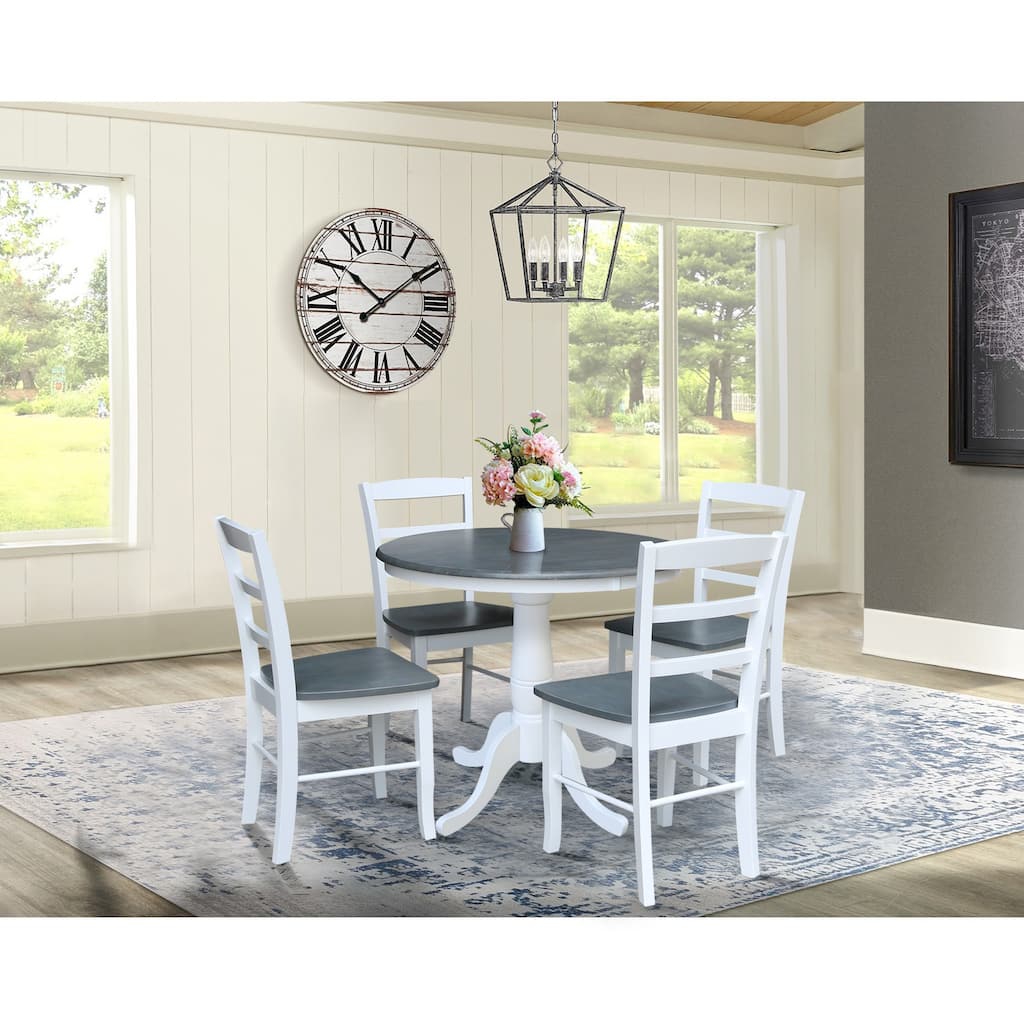 International Concepts Solid Wood 36" Round Pedestal Dining Table with 4 Madrid Ladderback Chairs