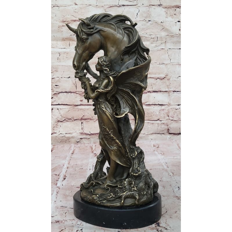 Fantasy Winged Fairy With Mythical Unicorn Horse Sculpture Signed Original Patoue