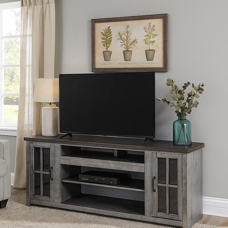 Gery TV Console w Crystal Fireplace Insert Option, 76 Inch, 2 Cabinets, Gray Brown Mahogany