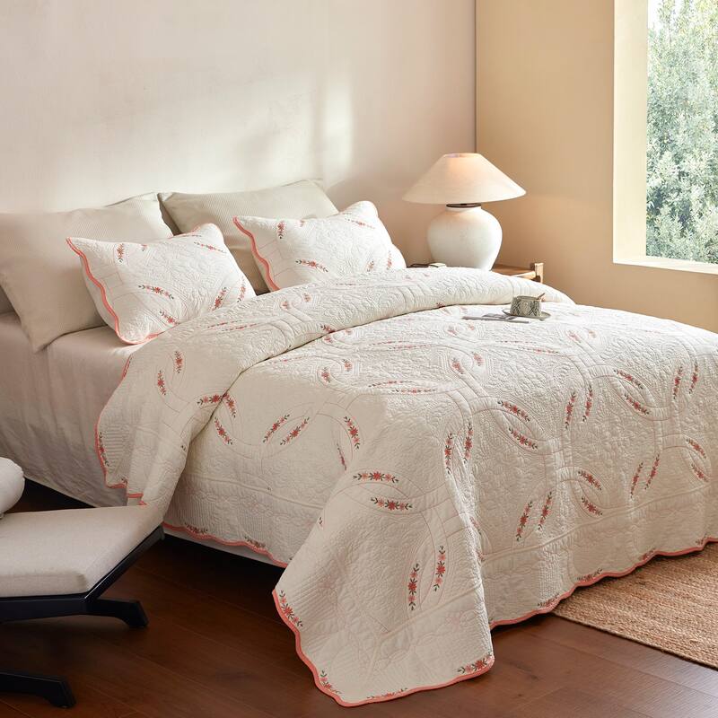 3Pcs Cotton French Country Quilt Bedspread Set Floral Embroidery