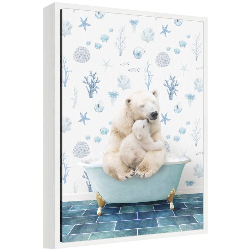 Kate and Laurel Sylvie Mother and Baby Polar Bear in Under the Sea Bathtub Framed Canvas by Amy Peterson - White