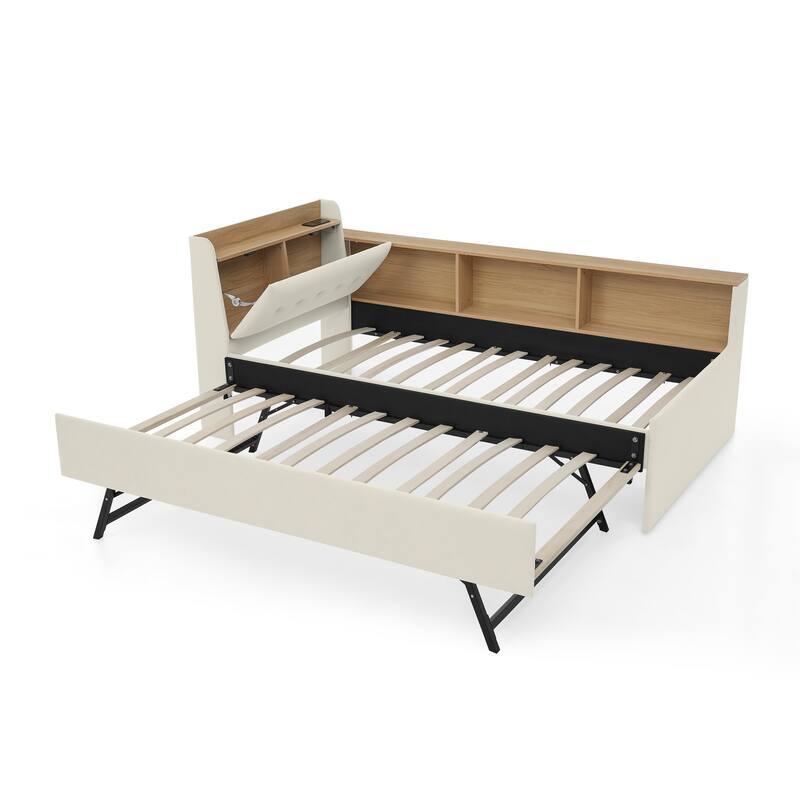 Roomfitters Twin Velvet Height Adjustable Day Bed with Storage Headboard, Wireless Charging and Trundle