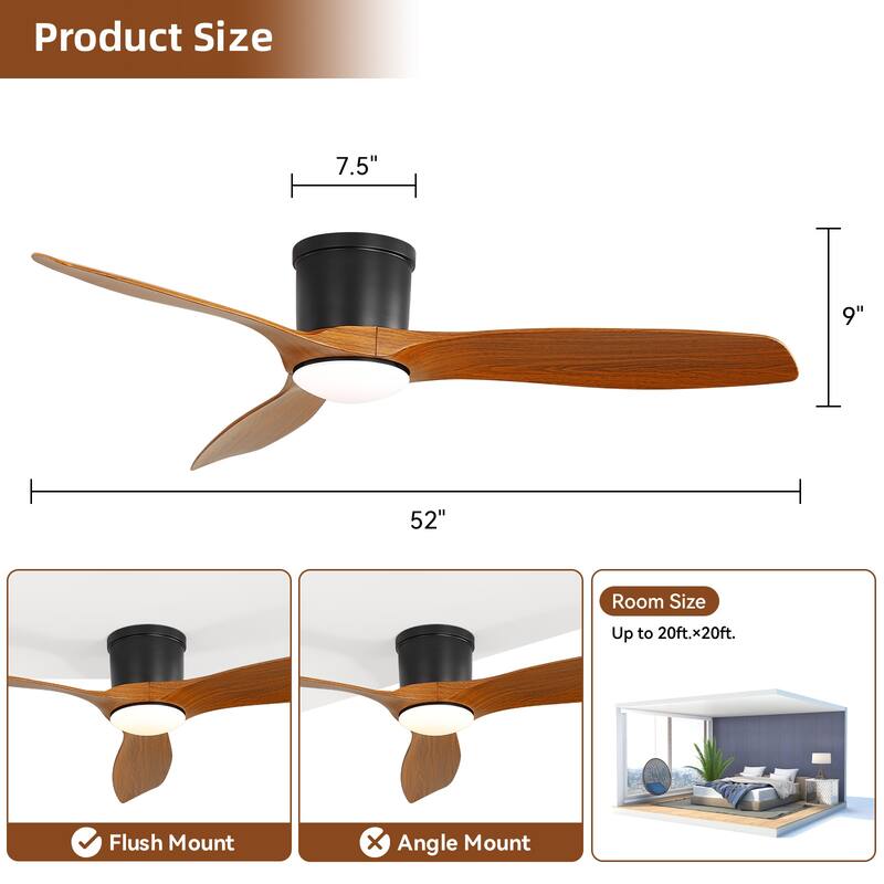 Sofucor 52 Inch Low Profile Flush Mount Ceiling Fan With Light and Remote,3-ABS Blades Smart Optional,Reversible DC Motor