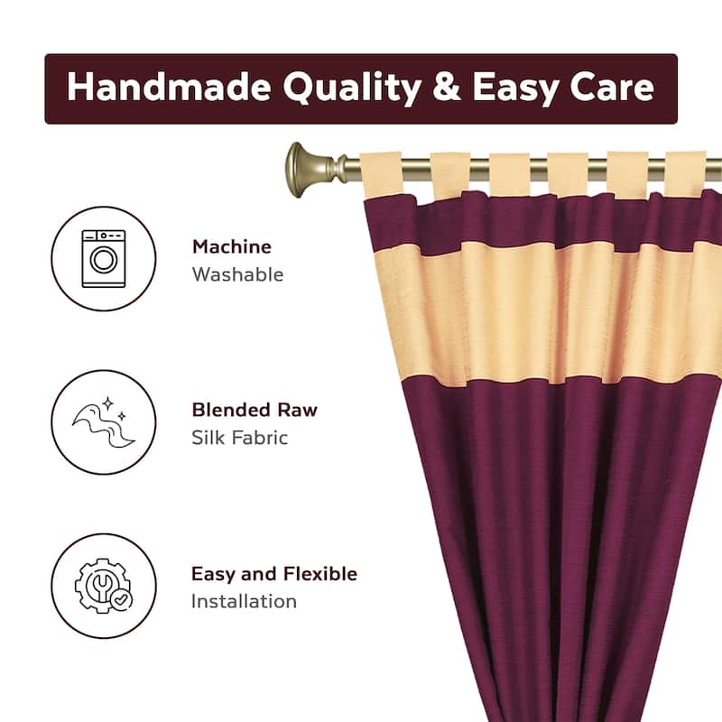 6 Pcs Set Maroon Gold Raw Silk Curtain ,Cushion Cover, Tieback - 43"W X 84"L(Inches)