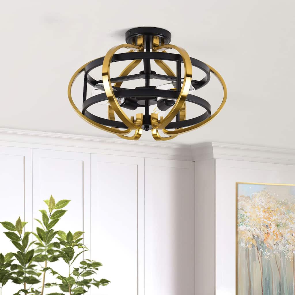 3-Light Modern Black and Gold Orb - Shaped Flush Mount Ceiling Light - Matte Black