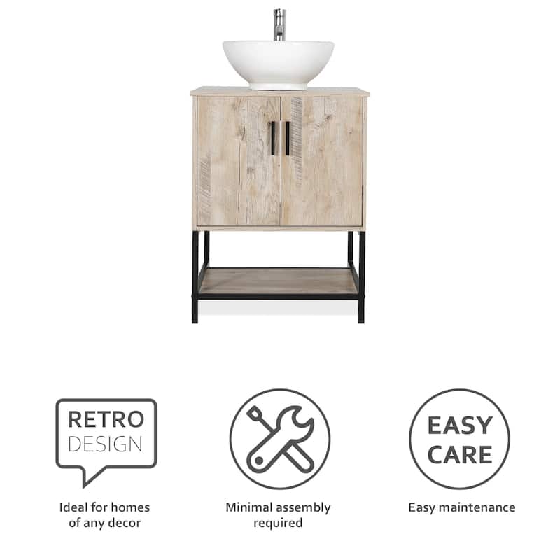 24" Bathroom Vanity Sink Combo Oak Cabinet Vanity Tempered Glass/Ceramic Sink