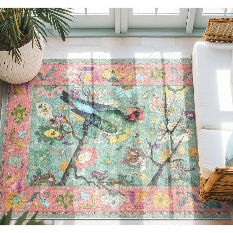Well Woven Apollo Botanical Birds Ushak Modern Flat Pile Area Rug - 3'3" x 5' - Multi
