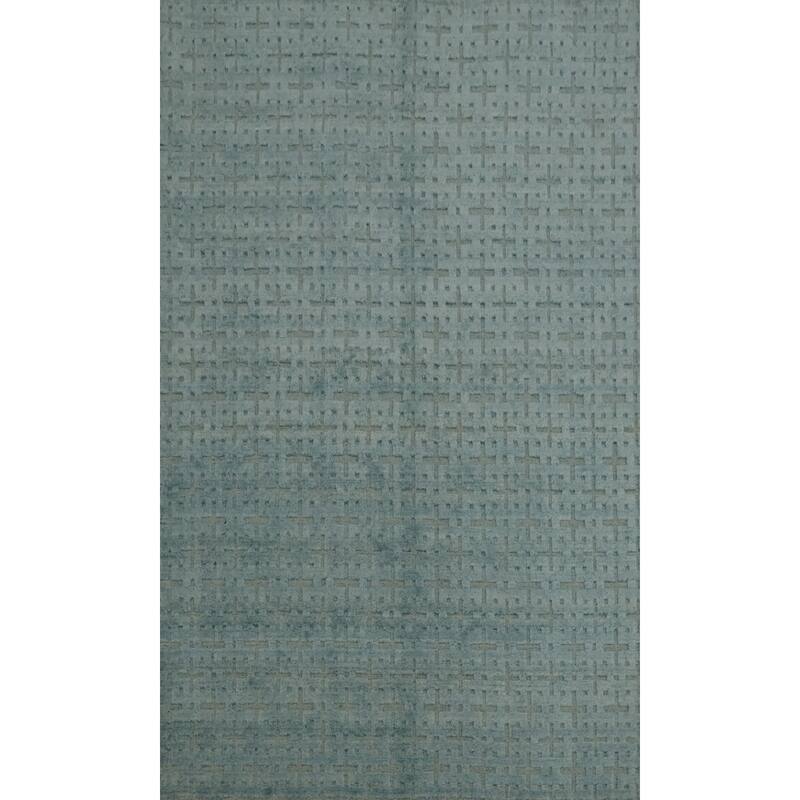 Hand Knotted Oriental Silk Carpet Modern Geometric Navy Blue & Blues Gabbeh Area Rug - 7' 4'' X 4' 11''