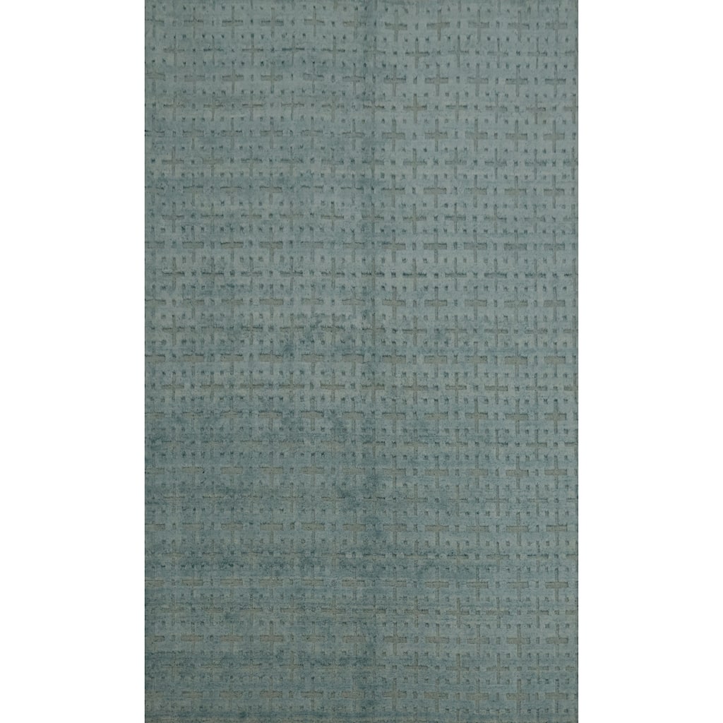 Hand Knotted Oriental Silk Carpet Modern Geometric Navy Blue & Blues Gabbeh Area Rug - 7' 4'' X 4' 11''