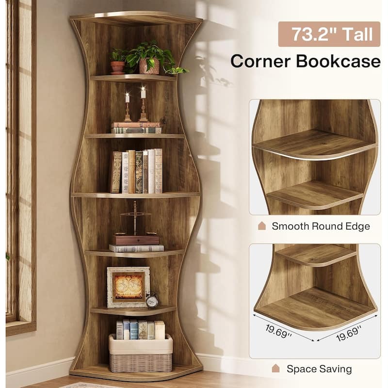 73.2" Tall Corner Bookcase, Farmhouse 6-Tier Corner Shelf Freestanding Bookshelf Display Shelf