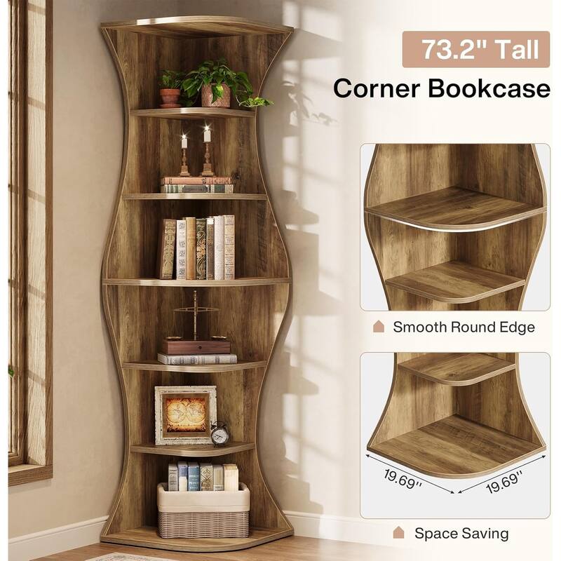 73.2 Inches Brown Engineered Wood Corner Bookcase, 6-Tier Tall Bookshelf for Small Space