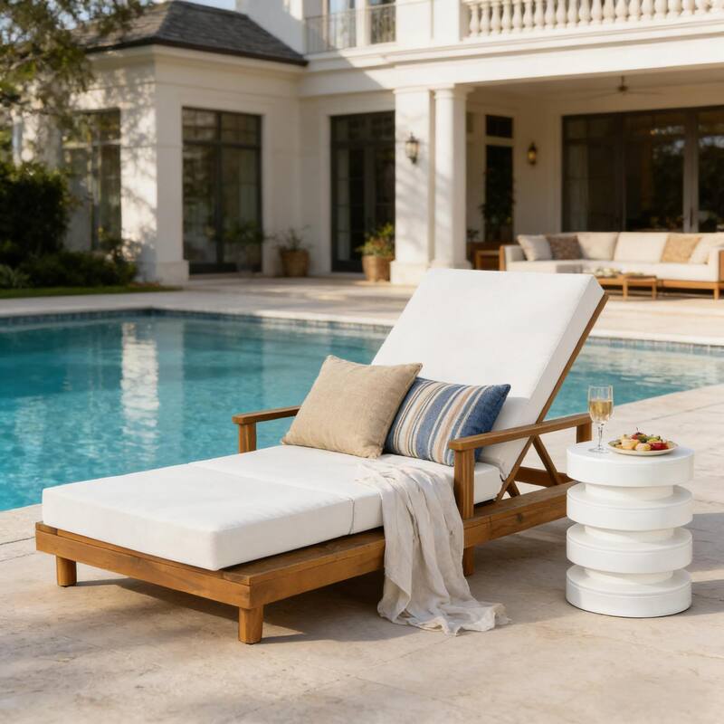 Christopher Knight Home - Modern Indoor/Outdoor Acacia Wood Chaise Lounge with 3-Position Adjustable Backrest & 3-Fold Cushion - Cream+Teak Finish