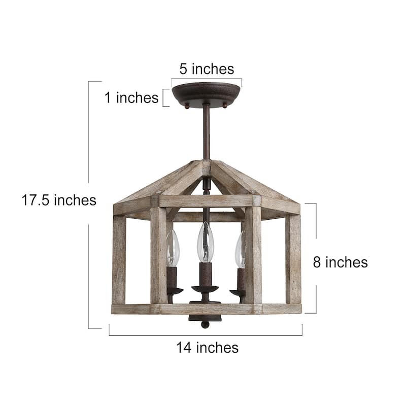 Farmhouse Wood Lantern 3-light Hand-crafted Chandelier for Dining Room - D14'' x H17.5''