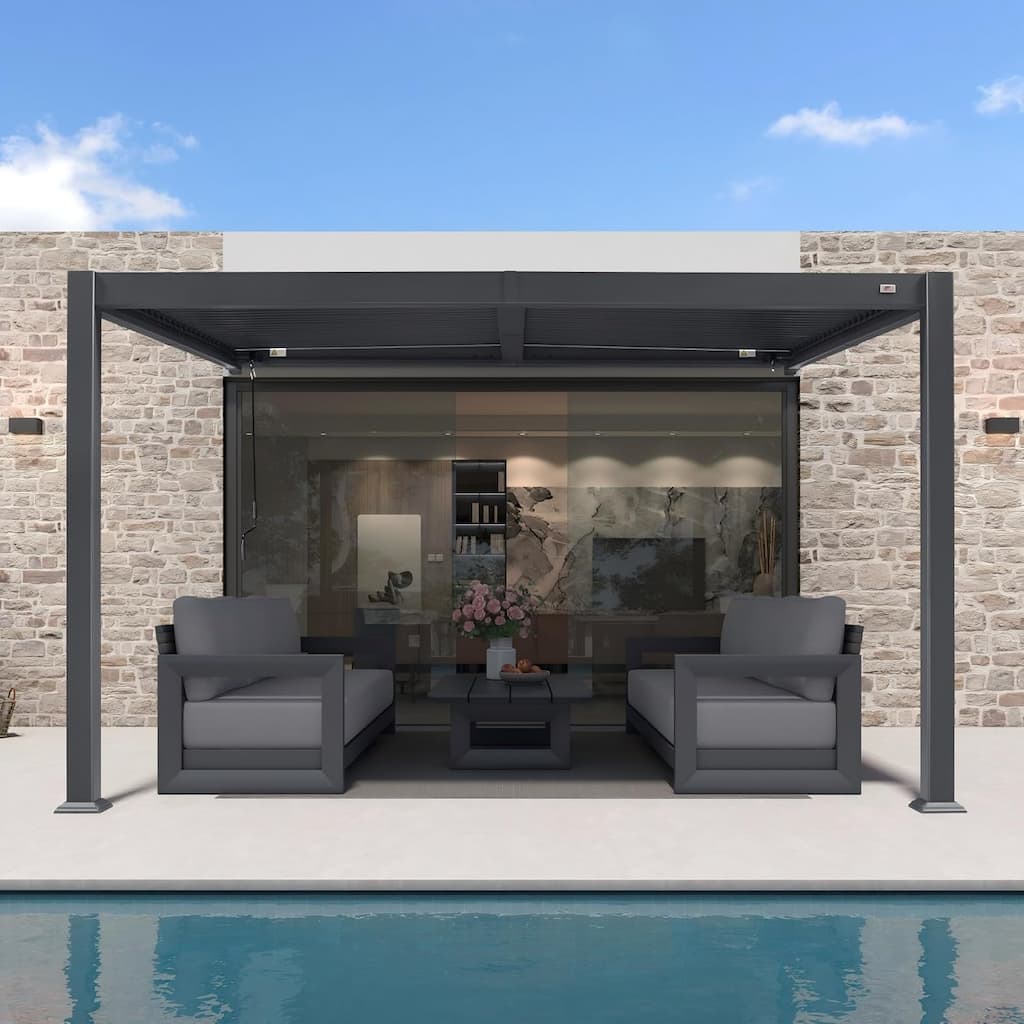 PURPLE LEAF Gray Wall Mount Louvered Pergola, Adjustable Hardtop with Drainage, Aluminum Lean-to for Patio & Deck