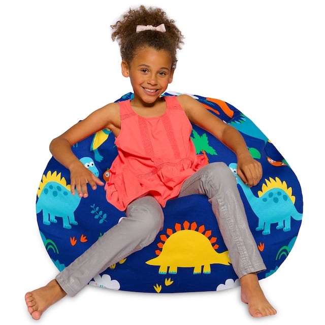 Kids Bean Bag Chair, Big Comfy Chair - Machine Washable Cover - 38 Inch Large - Canvas Dinos on Blue