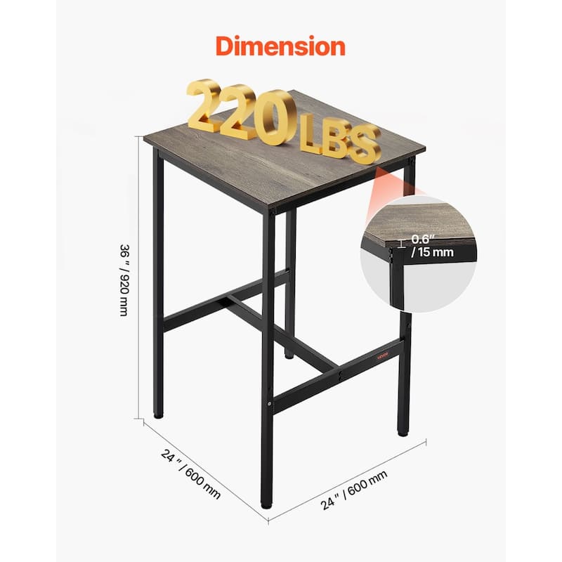 36" Tall Bar Height Pub Table with Square Wooden Top and Metal Frame Ideal for Home and Restaurant - 24”L x 24”W x 36”H