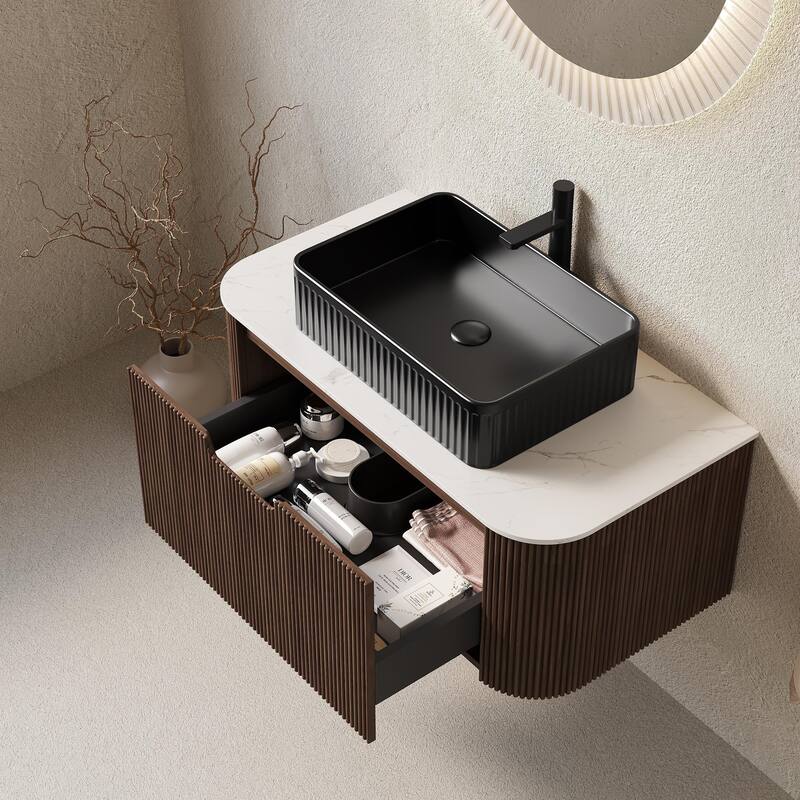 Wall Mounted Bathroom Vanity with Black Rectangular Ceramic Basin