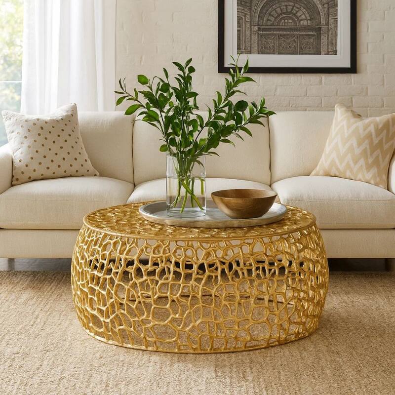 Coffee Table, 28 Inch Round Plinth Mesh Design, Open Gold Metal Frame