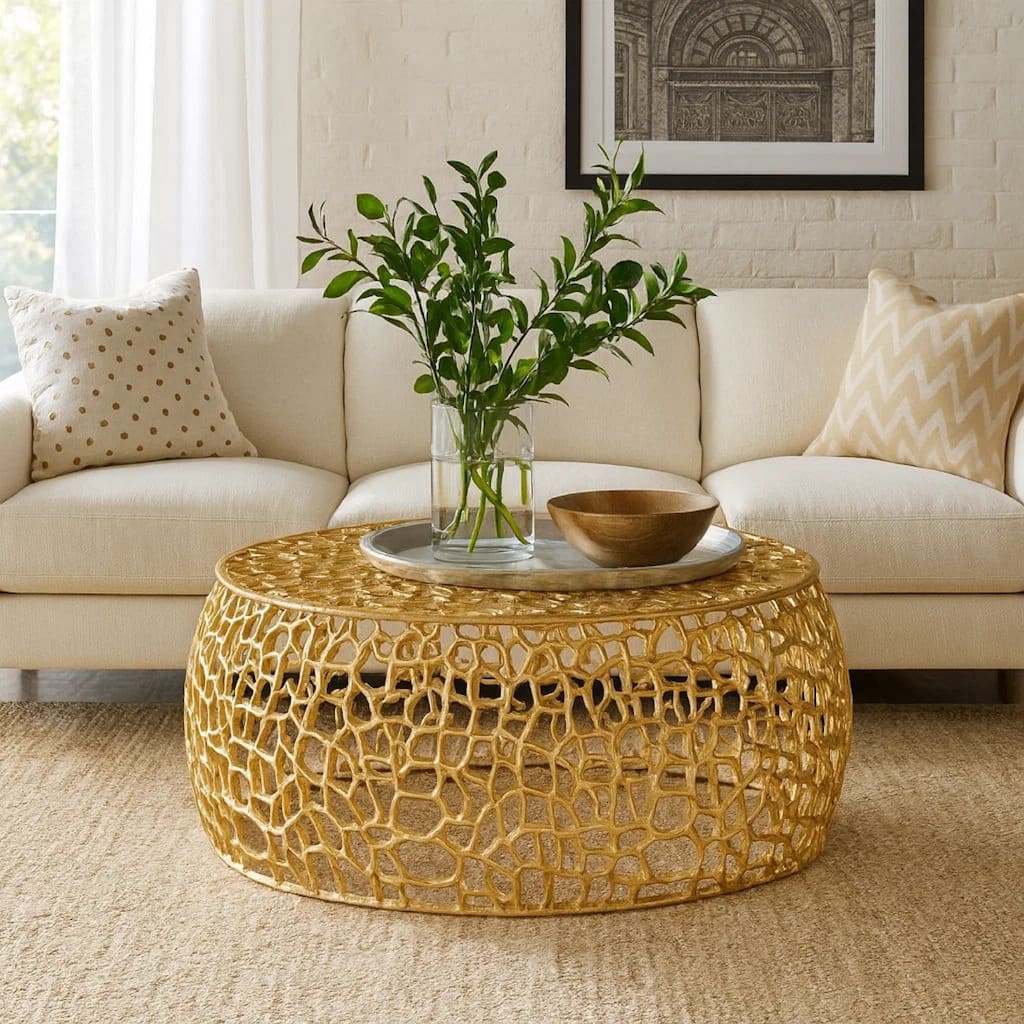 Coffee Table, 28 Inch Round Plinth Mesh Design, Open Gold Metal Frame