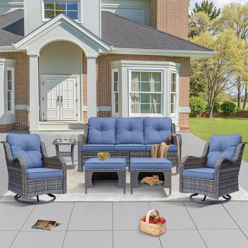 6-piece Wicker Outdoor Patio Furniture Set Swivel Chairs with Ottoman - Denim Blue-Gray Wicker