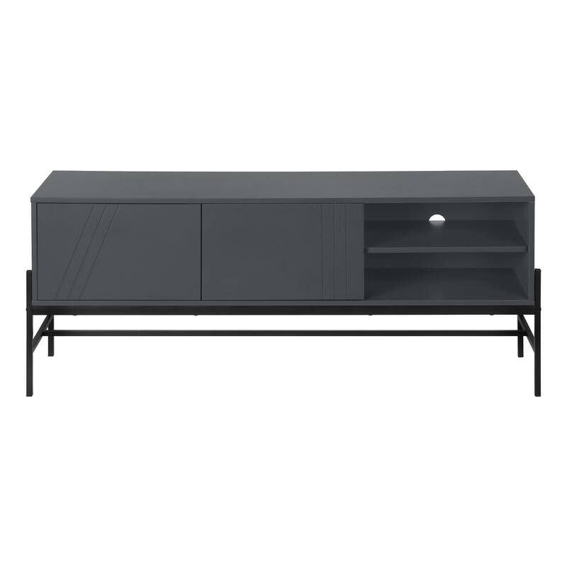 Modern 60-Inch TV Console with Grey Laminate and Black Metal, Entertainment Center with Storage