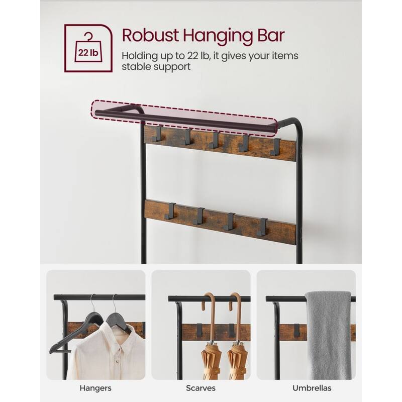 72" Tall Rustic Brown Hall Tree with Shoe Bench Coat Rack Hanging Rod and Storage Shelves - 13.3"D x 28.3"W x 72.1"H
