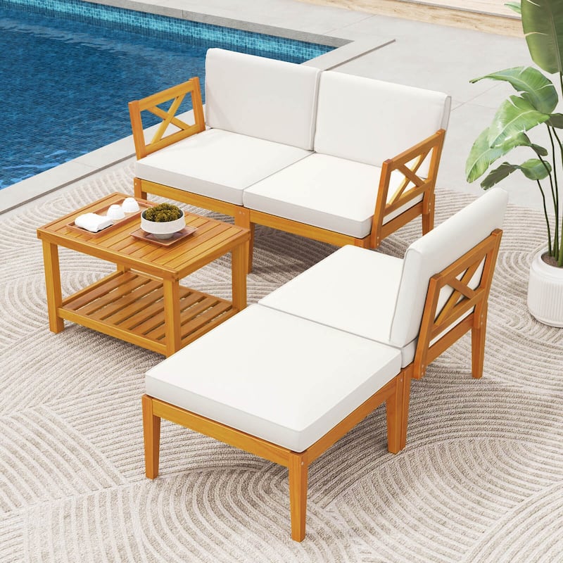 Costway 5 PCS Acacia Wood Patio Furniture Set with 2-Tier Coffee Table - See Details