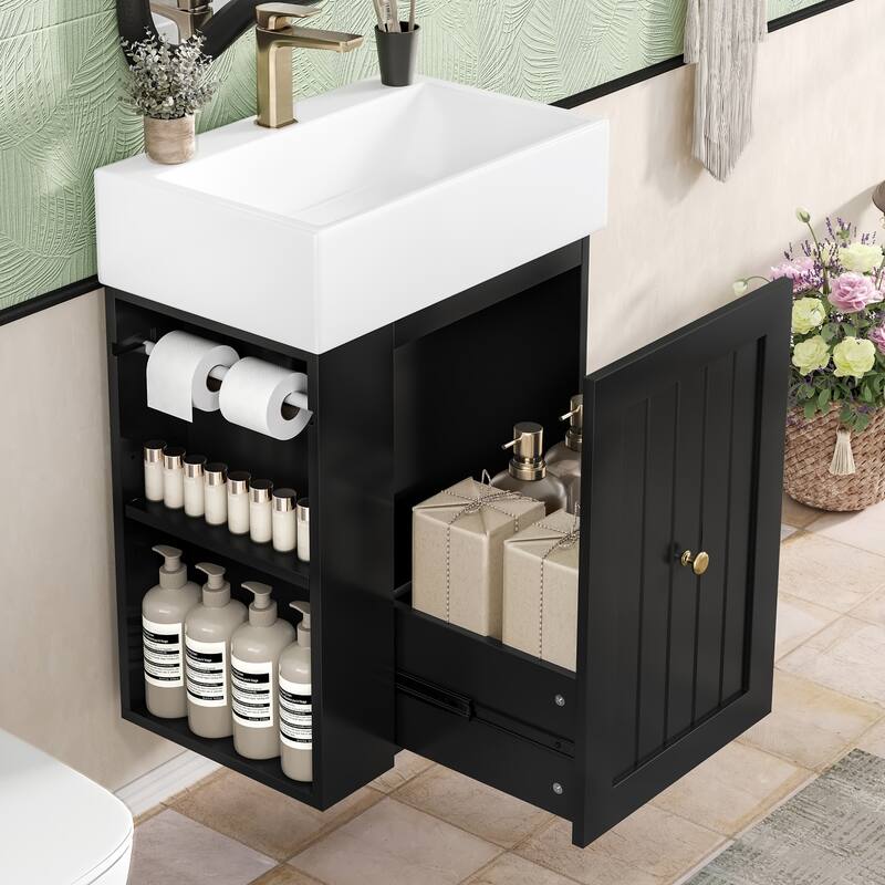 20" Bathroom Vanity with Ceramic Sink - Soft Close Door, Drawer & Side Shelf, Space-Saving MDF Cabinet for Small Bathrooms - Black