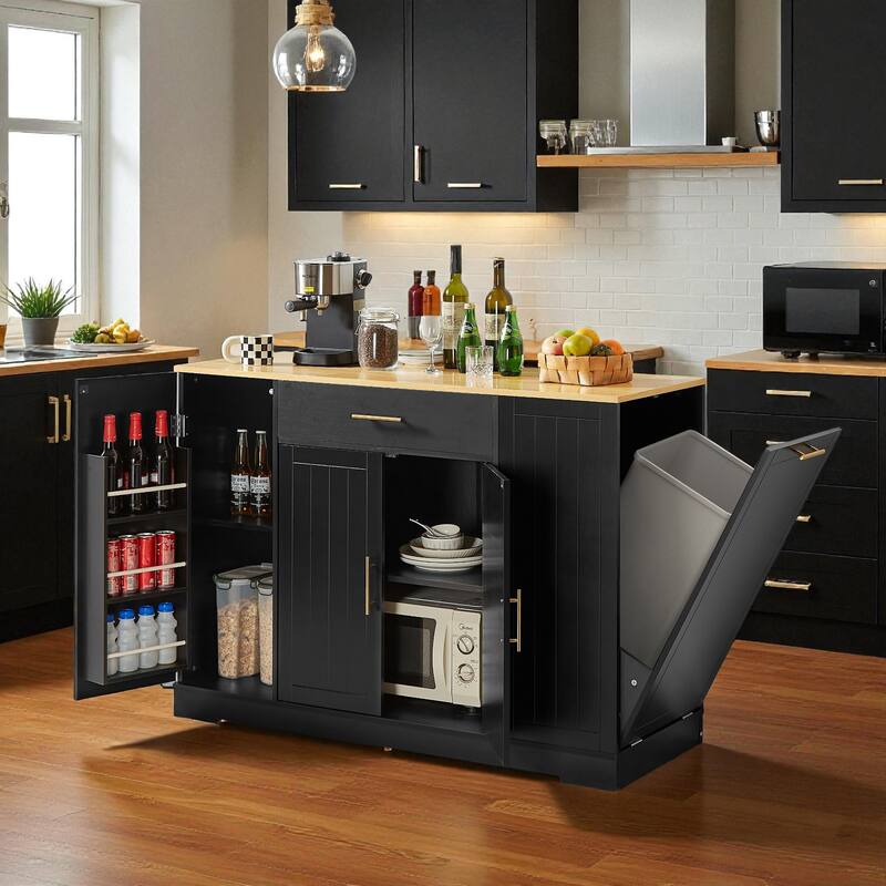 53" Modern Farmhouse Kitchen Island with Drawer, Tilt-Out Trash Can Storage, Adjustable Shelves & Spice Rack for Kitchen