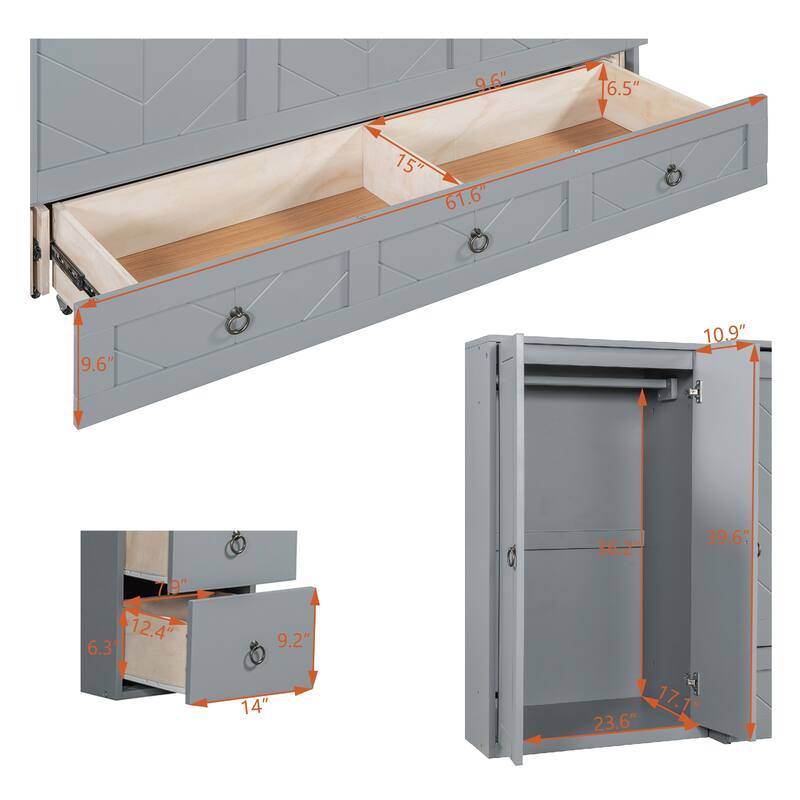 Queen Size Murphy Bed with USB Port, Large Drawer, and Wardrobe/Desk Combo - Versatile Cabinet Bed
