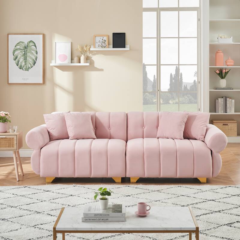 89-Inch Pink Velvet Sofa with Spring-Wrapped Cushions and Throw Pillows - Multi-Color