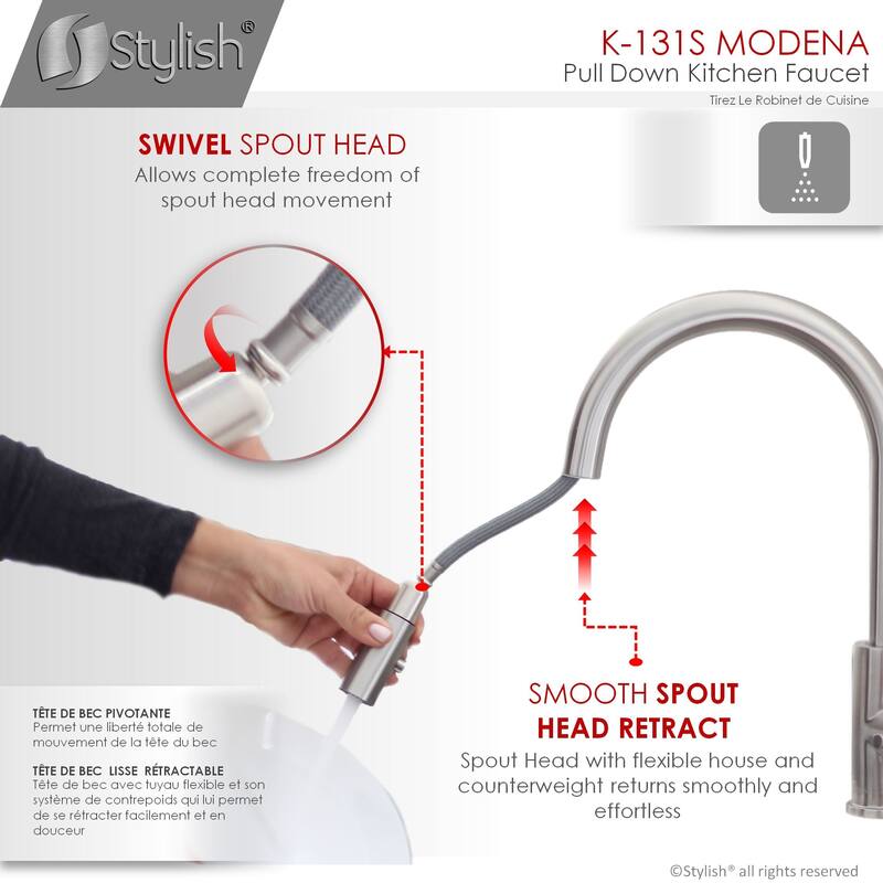 STYLISH Pull Dow Kitchen Faucet + Water Tap - Stainless Steel Finish