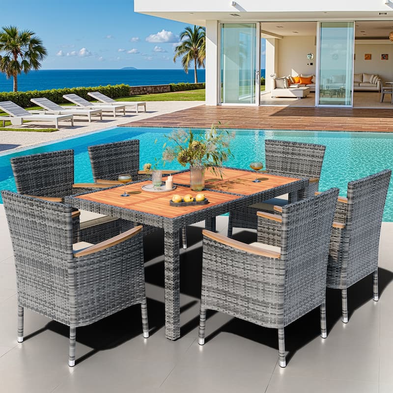 5-Piece Outdoor Wicker Dining Set with Wood Desktop Table and Chairs - N/A