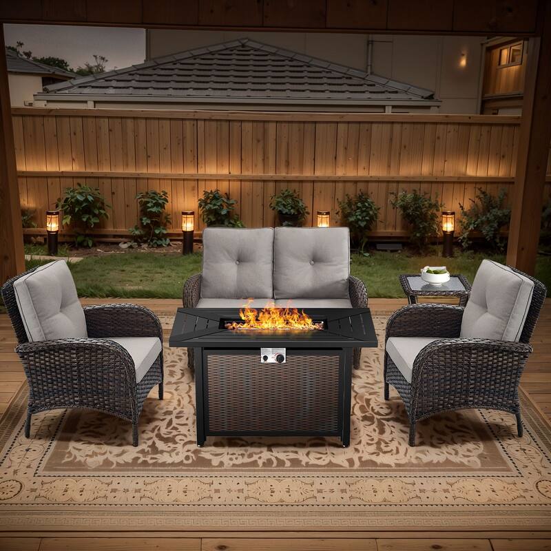Gymojoy Outdoor Fire Pit Conversation Set, Loveseat Glider Sofa & Chairs - Patio Furniture Set - 5-Piece included Club Chairs - Beige