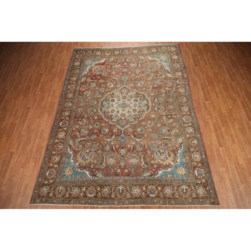 Hand Knotted Oriental 100% Wool Carpet Traditional Floral Brown Mashad Area Rug - 12' 1'' X 8' 10''